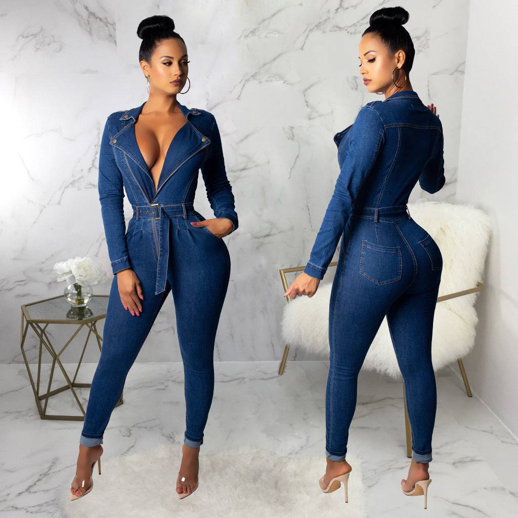 Women's Denim V-neck Slim git Long sleeve Jumpsuit One-piece Bodysuit - Clothing Personality