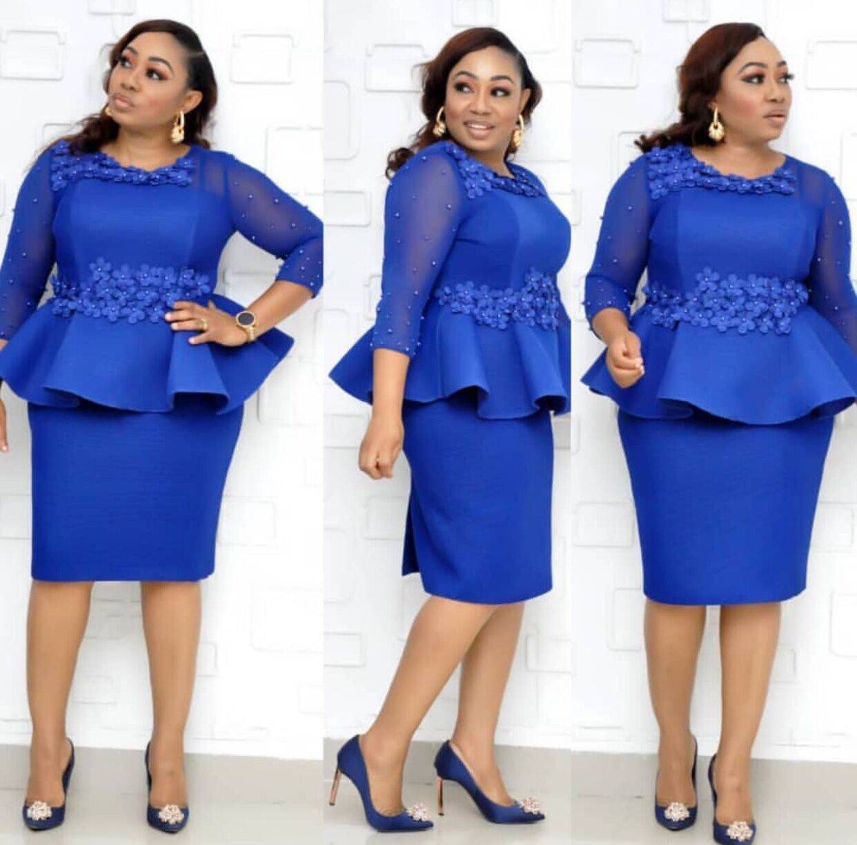 Women's Floral Embrpidered Beaded Sleeve Peplum Dress Plus Size Knee-length 3/4 Sleeve Round Neckline Dress - Clothing Personality