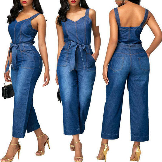 Sling Bowknot Denim Jumpsuit - Clothing Personality