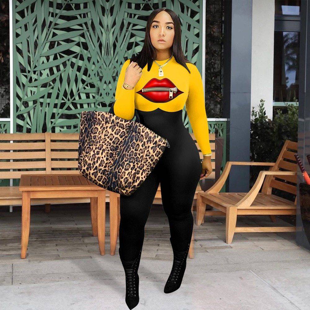 Women's Lip Print Casual Fitted Mid Waist Jumpsuit - Clothing Personality