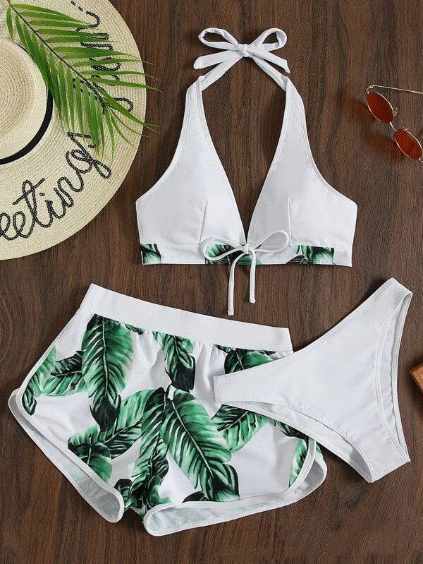 3pcs Leaf Print Bikini With Shorts Fashion Summer Beach Swimsuit Womens Clothing - Clothing Personality
