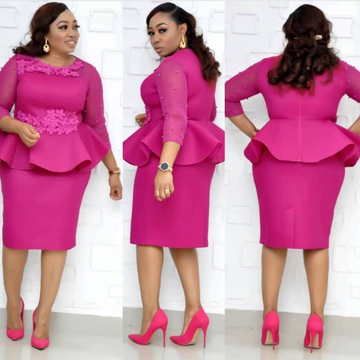 Women's Floral Embrpidered Beaded Sleeve Peplum Dress Plus Size Knee-length 3/4 Sleeve Round Neckline Dress - Clothing Personality