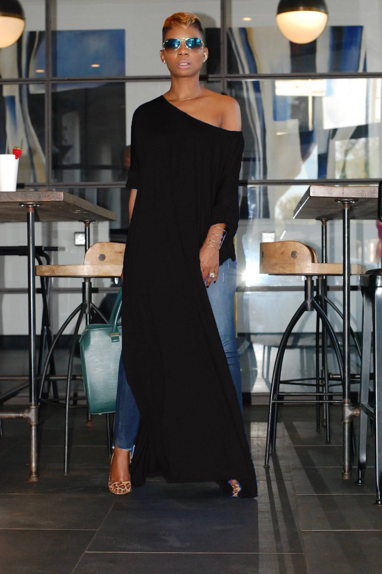 Women's One Shoulder Short Sleeve T-shirt Flowy Maxi Casual Dress - Clothing Personality
