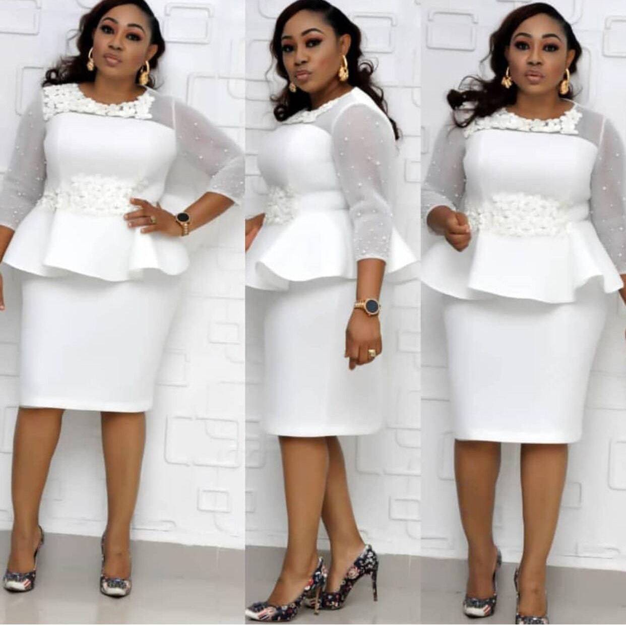 Women's Floral Embrpidered Beaded Sleeve Peplum Dress Plus Size Knee-length 3/4 Sleeve Round Neckline Dress - Clothing Personality