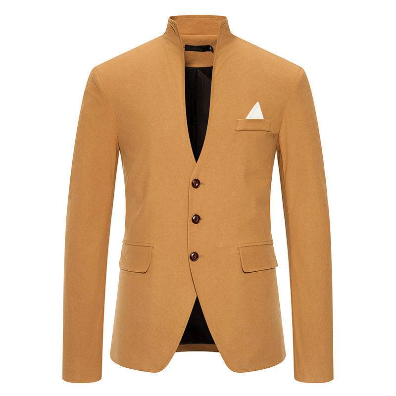 Men's Blazer Solid Color Stitching Stand-Collar Casual Slim Fit Suit Yellow Jacket