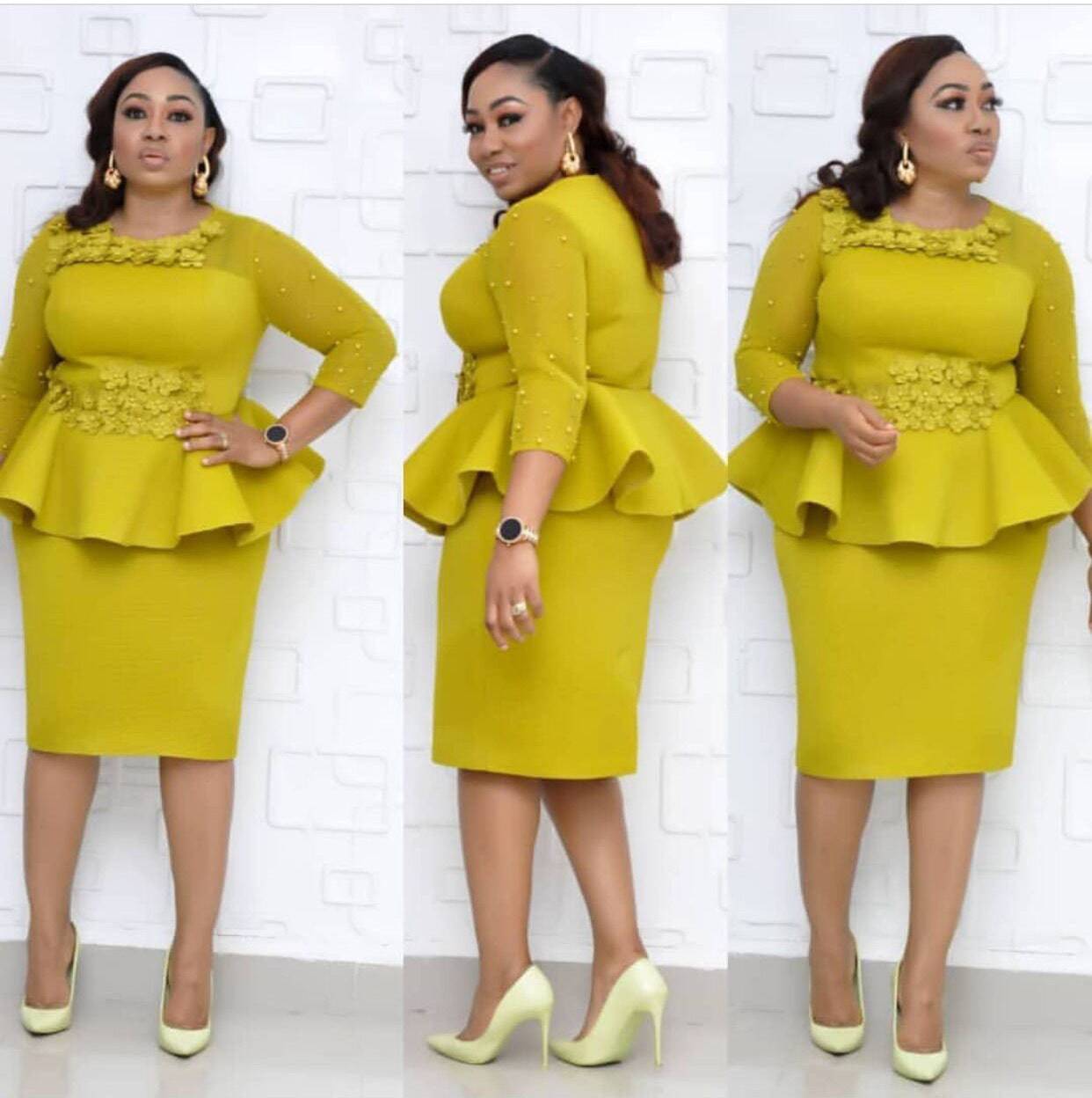 Women's Floral Embrpidered Beaded Sleeve Peplum Dress Plus Size Knee-length 3/4 Sleeve Round Neckline Dress - Clothing Personality
