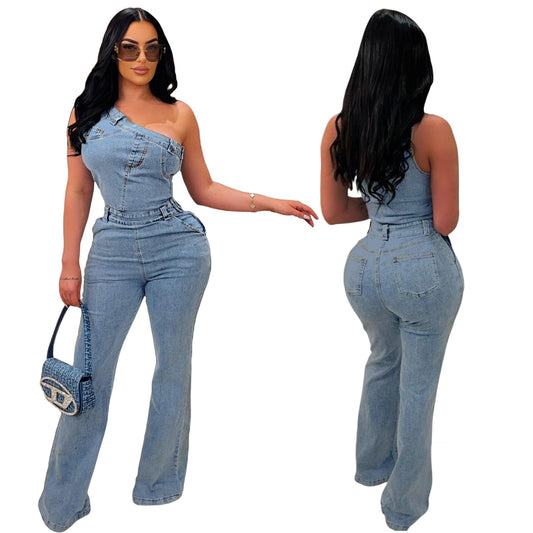 Slant Shoulder Tight Waist Slim Elastic Wash Denim Jumpsuit - Clothing Personality
