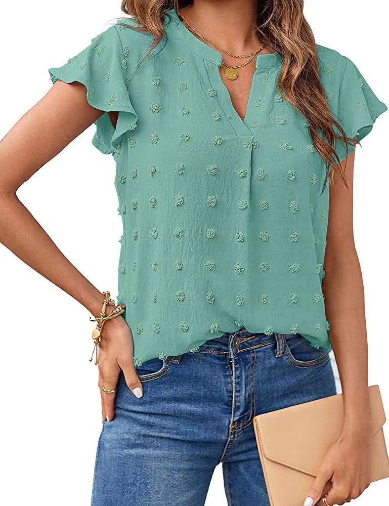 Women's Spring Summer V-Neck Ruffle Short Sleeve Blouse Dot Flowy Shirt Top - Clothing Personality