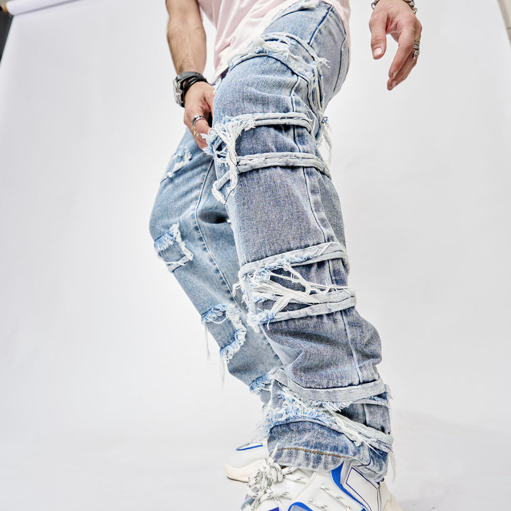 High Street Trousers Man's Pants Full Length Patched Straight Fit Men's Hip Hop Jeans - Clothing Personality