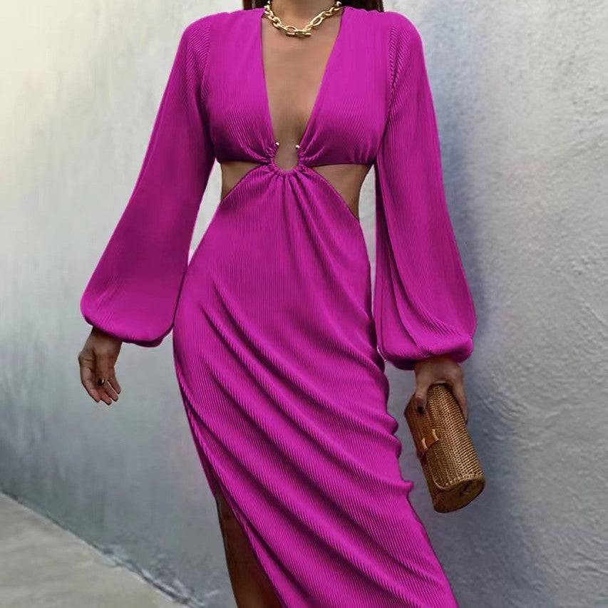 Women's Hollow Out Cut Out Waistless Long Sleeve Dress Fashion Pleated Women's Dresses - Clothing Personality