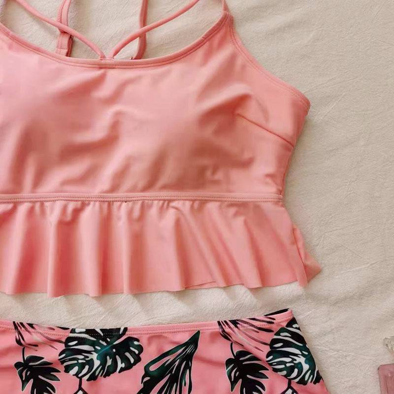 Swimsuit Women's Triangle High Waist Printed Solid Color Tankini Swimsuit - Clothing Personality