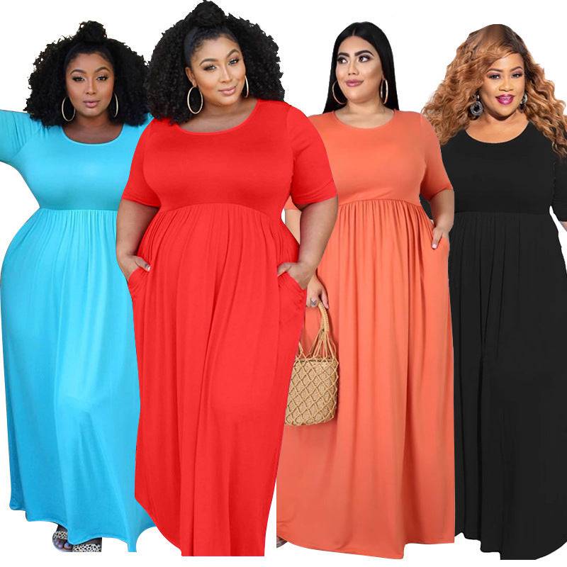 Net color pleated big swing short sleeve long large size dress - Clothing Personality