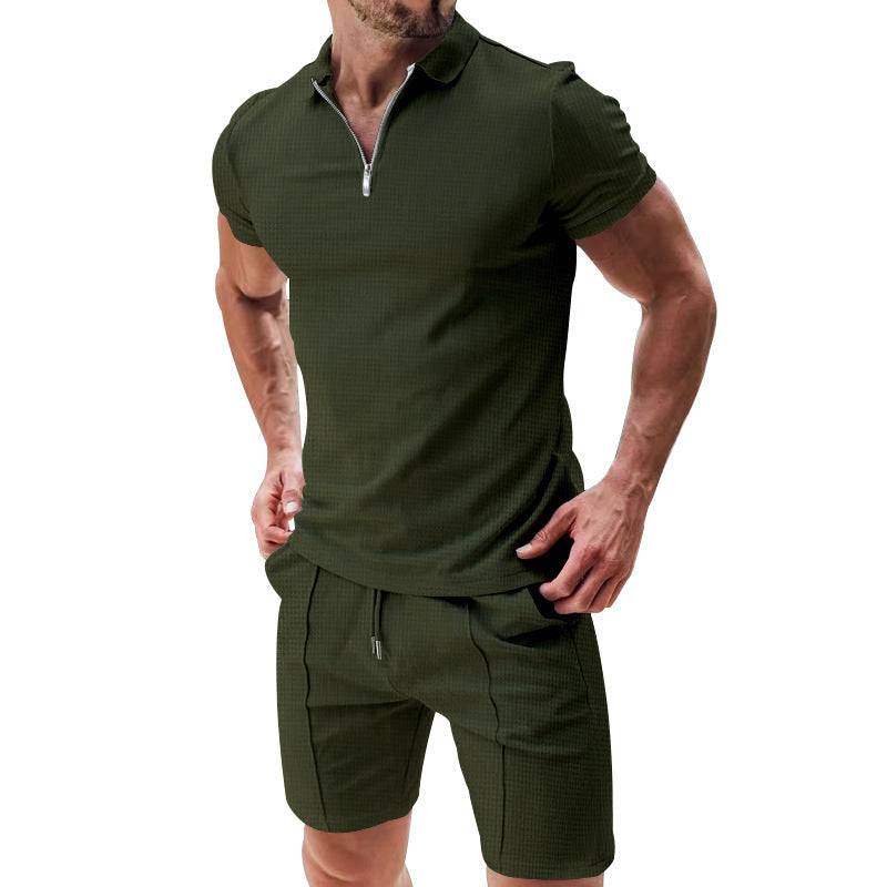 2Pcs Casual Waffle Suit Summer Zipper Lapel Short-sleeved Top And Drawstring Pockets Shorts Versatile Solid Color T-shirt Set For Mens Clothing Army Green