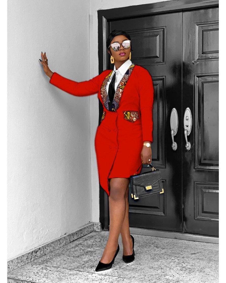 Women's Red or Yellow Long Sleeve OL Lapel Suit Dress with Mock Tie - Clothing Personality