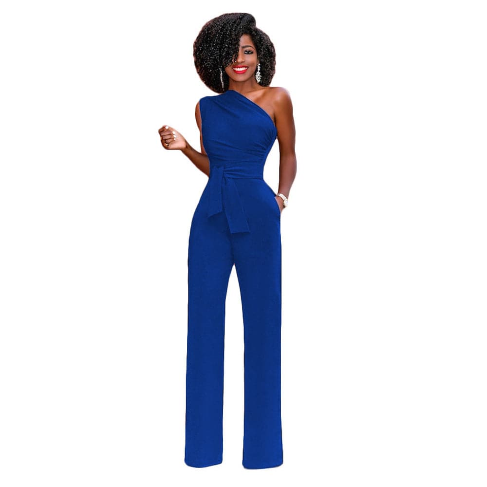 Women's Cute One-Shoulder Solid Color Slant Collar Button Up Jumpsuit White Clothing Personality