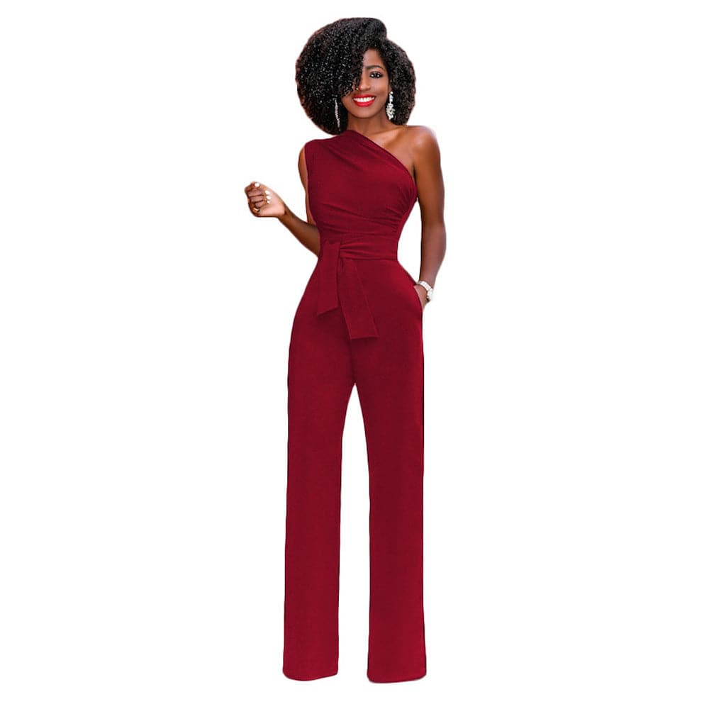 Women's Cute One-Shoulder Solid Color Slant Collar Button Up Jumpsuit Red Model Clothing Personality