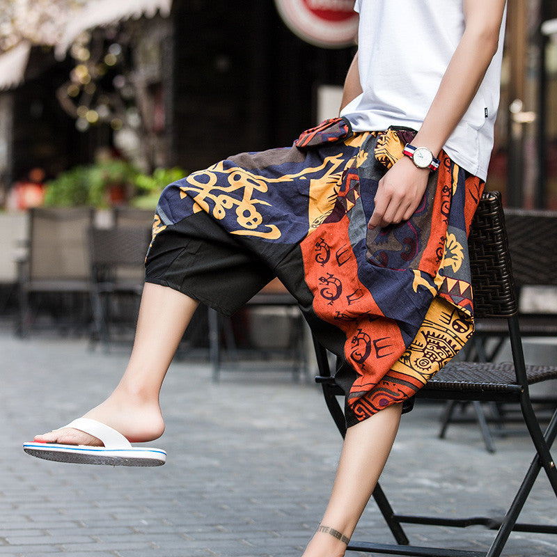 Cotton and linen printed loose shorts