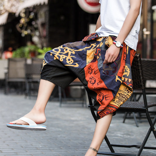 Cotton and linen printed loose shorts - Clothing Personality