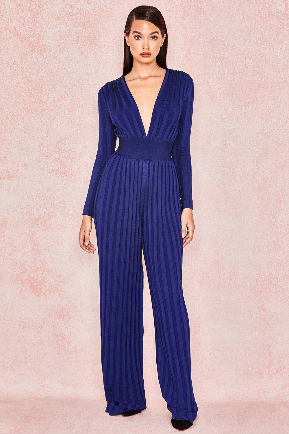 Women's Plunging Neckline Sexy Long Sleeve Blue Dual Tone Striped Bandage Pants Jumpsuit - Clothing Personality