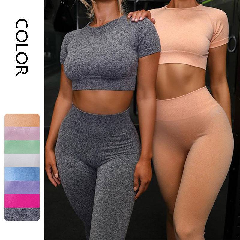 Seamless Yoga Sport Set Fitness Women Running Leggings Short Sleeve Tops - Clothing Personality