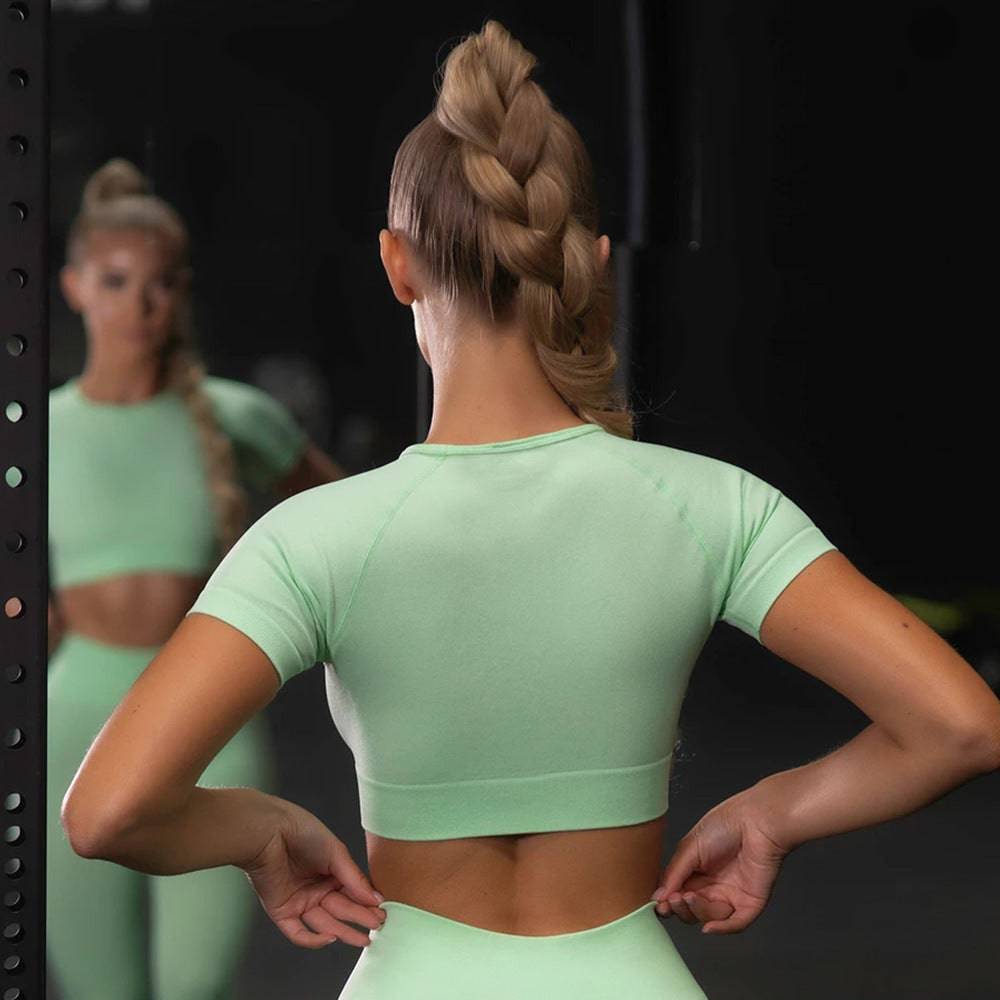 Seamless Yoga Sport Set Fitness Women Running Leggings Short Sleeve Tops - Clothing Personality