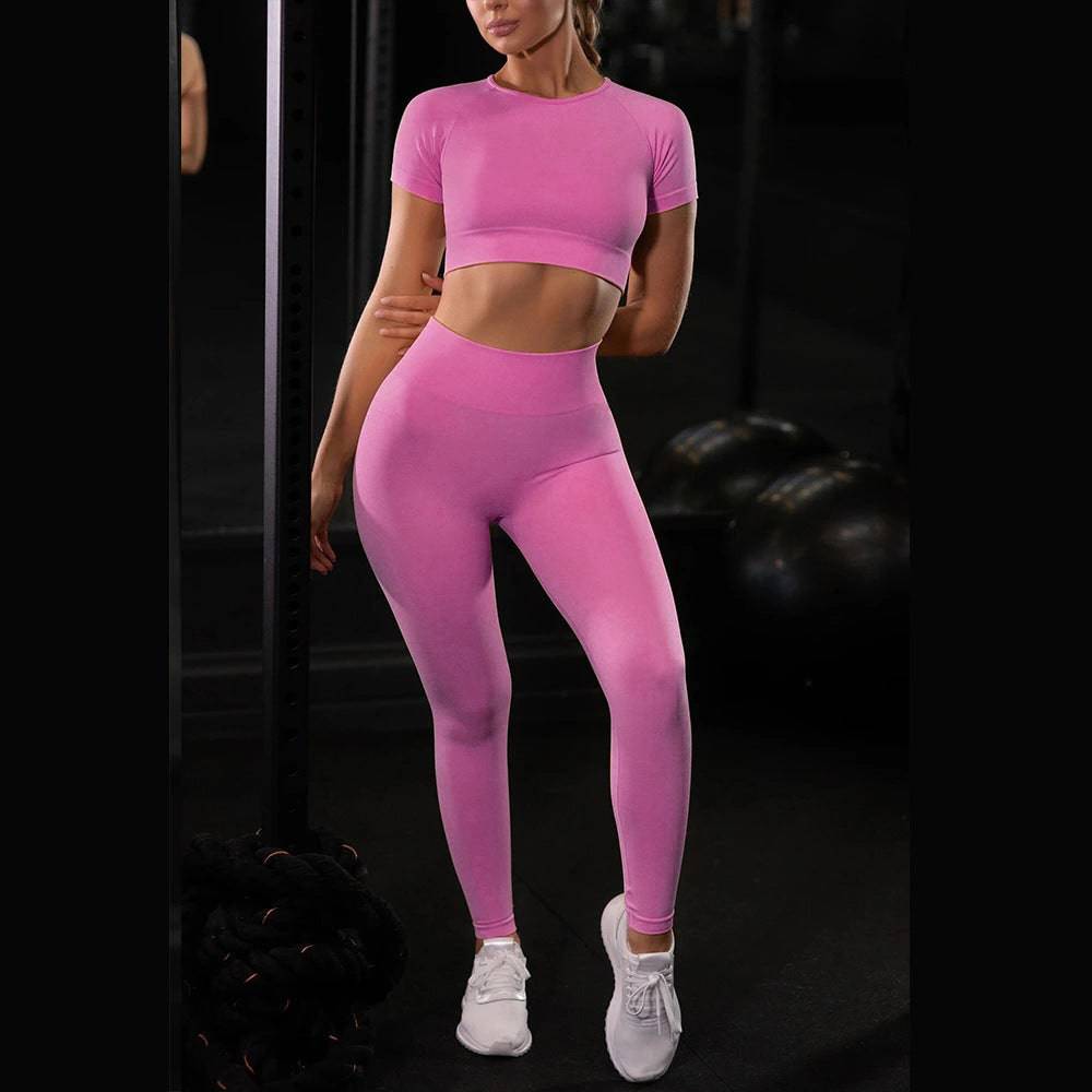Seamless Yoga Sport Set Fitness Women Running Leggings Short Sleeve Tops - Clothing Personality