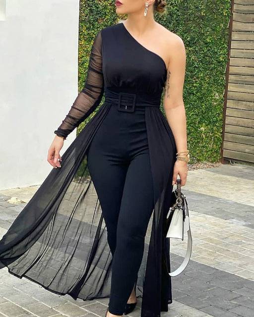 Jumpsuit Long Sleeve Chic Mesh Solid Patchwork Jumpsuits - Clothing Personality