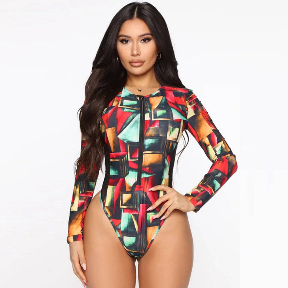 Plus Size Women's Print Zipper Long Sleeve One Piece Swimsuit - Clothing Personality