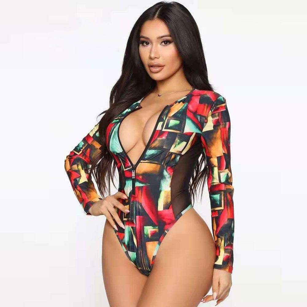 Plus Size Women's Print Zipper Long Sleeve One Piece Swimsuit - Clothing Personality