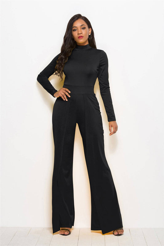 Fashion Round Neck Long Sleeve Wide Leg Jumpsuit - Clothing Personality