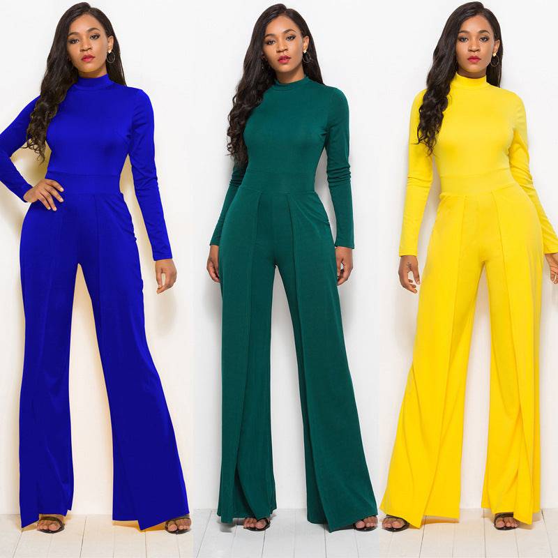 Fashion Round Neck Long Sleeve Wide Leg Jumpsuit - Clothing Personality