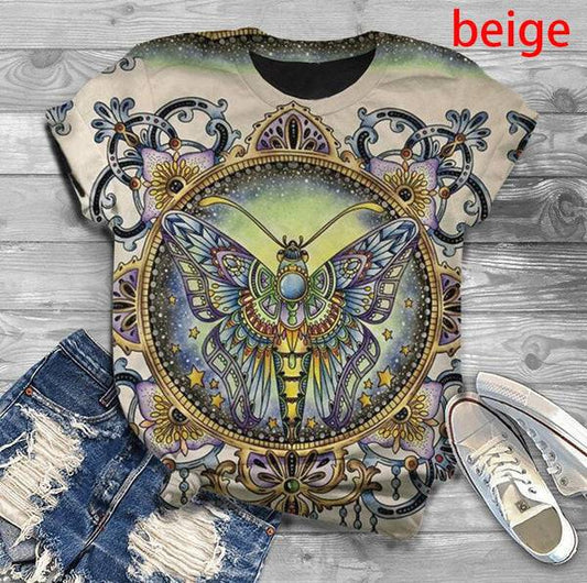 Women's Multicolor Fashion Floral Butterfly Print Fitness Short-Sleeved T-Shirt Top - Clothing Personality