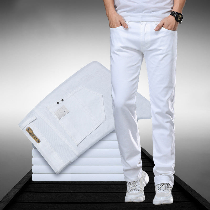 Men's Business Straight-Leg Stretch Pure White Jeans - Clothing Personality