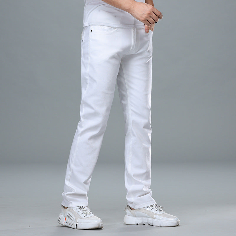 Men's Business Straight-Leg Stretch Pure White Jeans - Clothing Personality