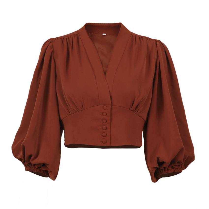 OOTN Elegant White Blouse Women Shirt Top Female Tunic V Neck Button Down Chic Casual Wine Red Blouse Lantern Sleeve Ladies - Clothing Personality