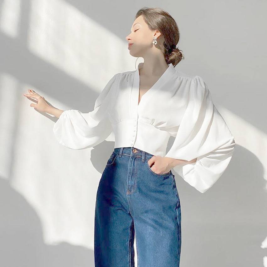 OOTN Elegant White Blouse Women Shirt Top Female Tunic V Neck Button Down Chic Casual Wine Red Blouse Lantern Sleeve Ladies - Clothing Personality