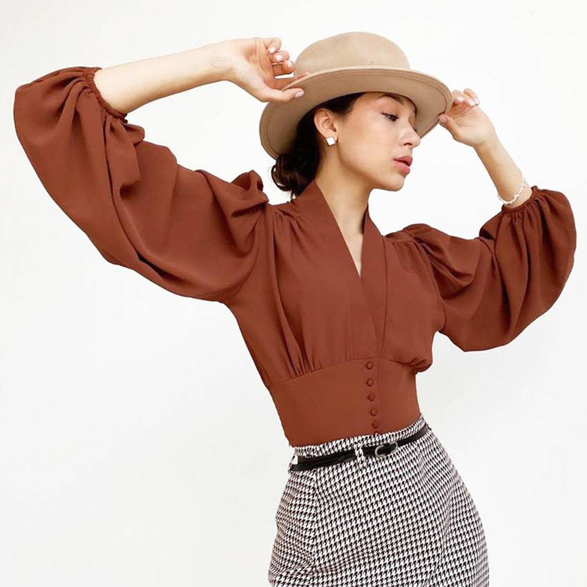 OOTN Elegant White Blouse Women Shirt Top Female Tunic V Neck Button Down Chic Casual Wine Red Blouse Lantern Sleeve Ladies - Clothing Personality