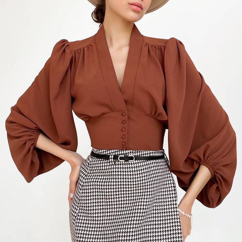 OOTN Elegant White Blouse Women Shirt Top Female Tunic V Neck Button Down Chic Casual Wine Red Blouse Lantern Sleeve Ladies - Clothing Personality