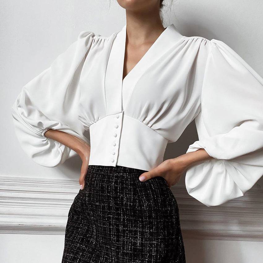 OOTN Elegant White Blouse Women Shirt Top Female Tunic V Neck Button Down Chic Casual Wine Red Blouse Lantern Sleeve Ladies - Clothing Personality