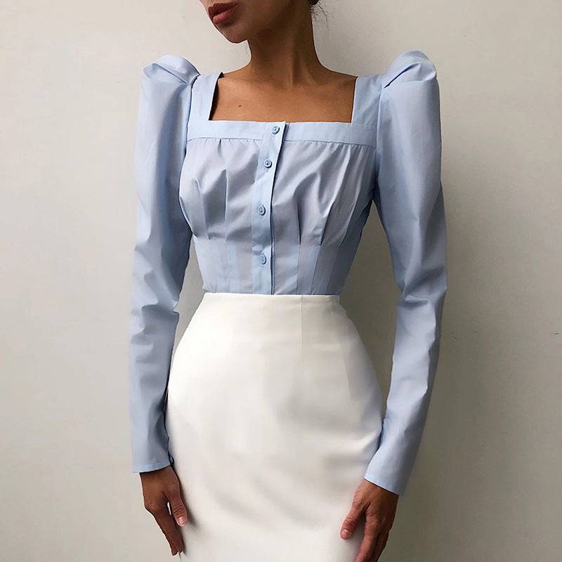 OOTN Square Neck White Shirt Female Pleated Tunic Women Blouse Elegant Puff Sleeve Top Black Office Ladies Blouse Cotton Blue - Clothing Personality