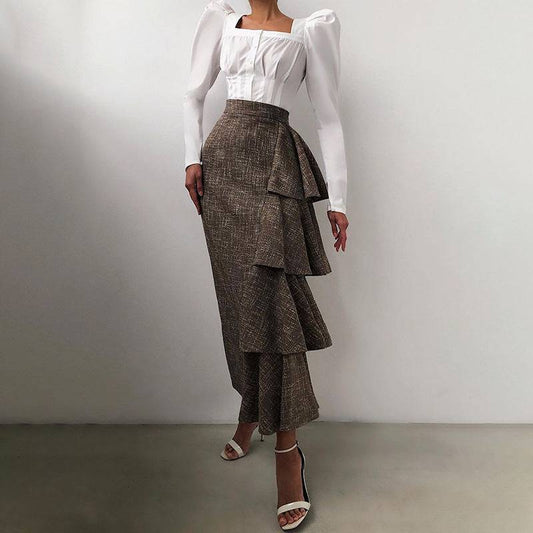 OOTN Square Neck White Shirt Female Pleated Tunic Women Blouse Elegant Puff Sleeve Top Black Office Ladies Blouse Cotton Blue - Clothing Personality