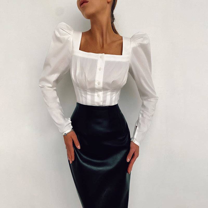 OOTN Square Neck White Shirt Female Pleated Tunic Women Blouse Elegant Puff Sleeve Top Black Office Ladies Blouse Cotton Blue - Clothing Personality