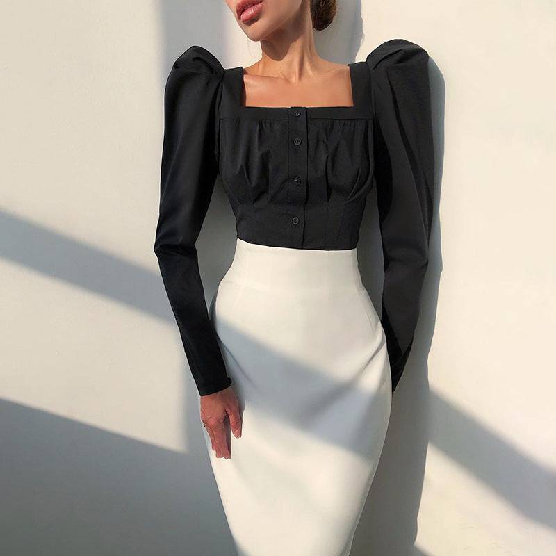 OOTN Square Neck White Shirt Female Pleated Tunic Women Blouse Elegant Puff Sleeve Top Black Office Ladies Blouse Cotton Blue - Clothing Personality
