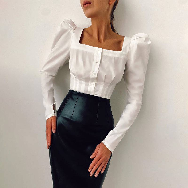 OOTN Square Neck White Shirt Female Pleated Tunic Women Blouse Elegant Puff Sleeve Top Black Office Ladies Blouse Cotton Blue - Clothing Personality