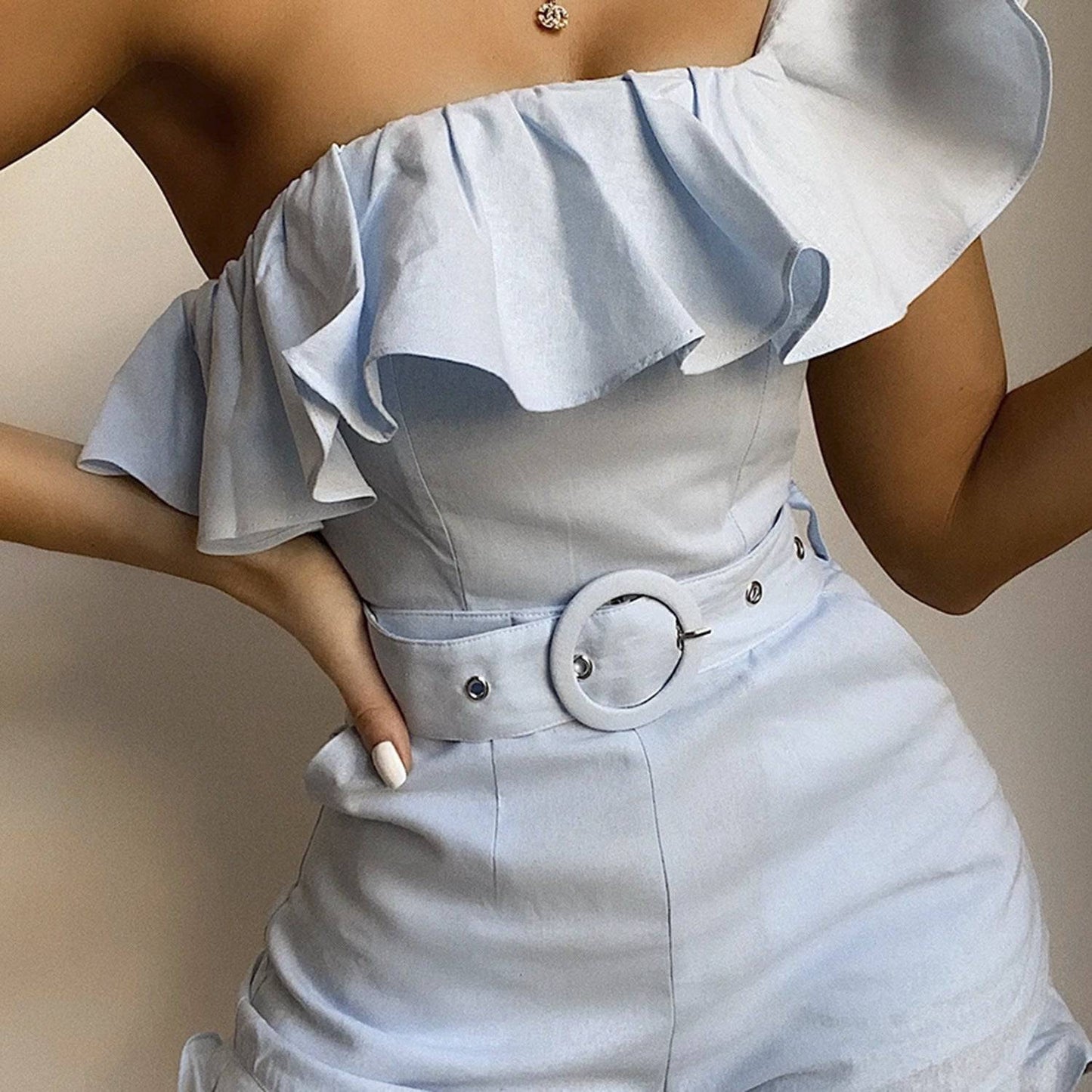COSYGAL Sexy Jumpsuit Romper Shorts Playsuit Club Summer Women Clothing Blue Bodycon Bodysuit One Shoulder Femme Catsuit Clothes Clothing Personality
