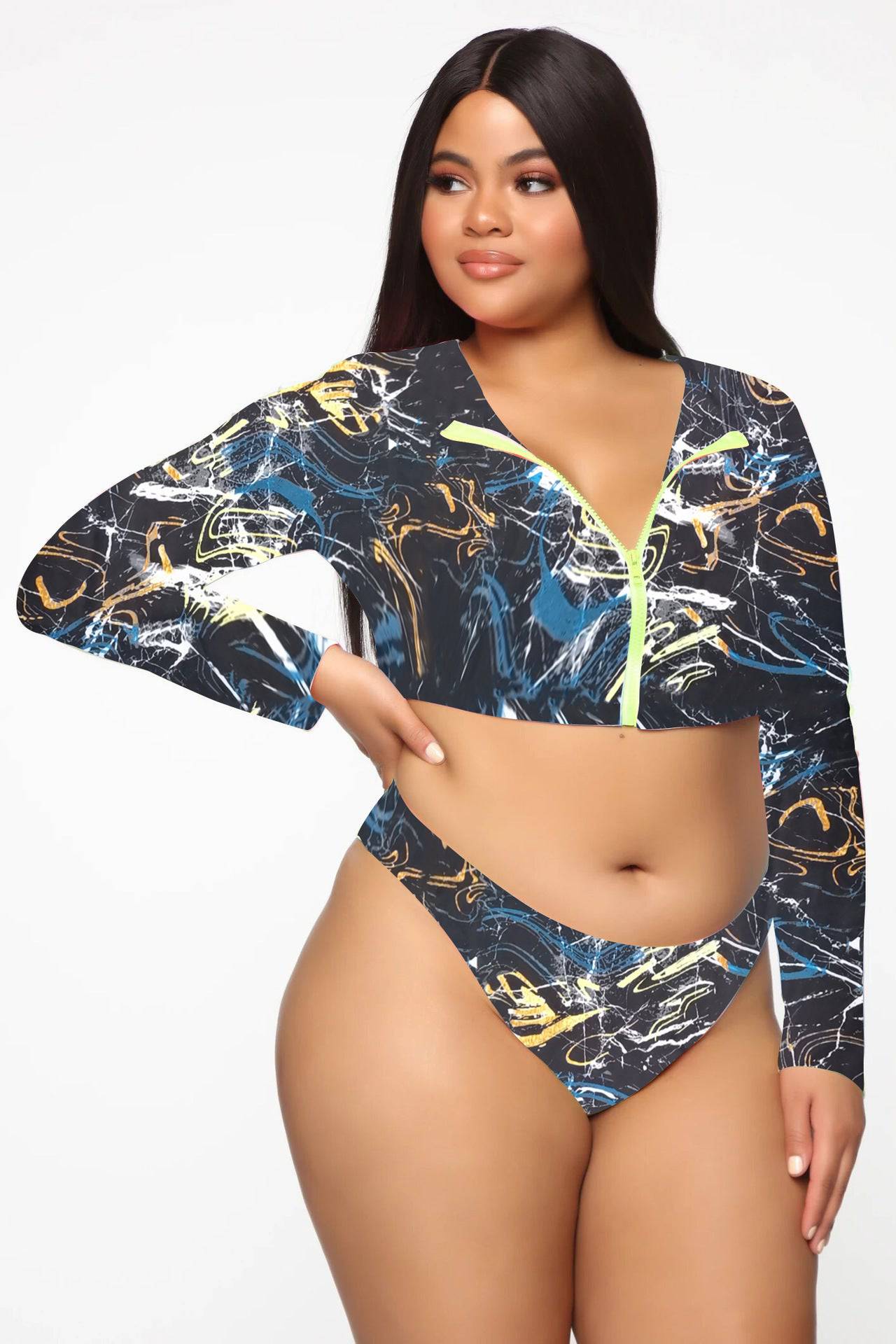 Bikini Long Sleeve Zipper Swimsuit Plus Size Colorful Sexy Plus Size Swimsuit - Clothing Personality