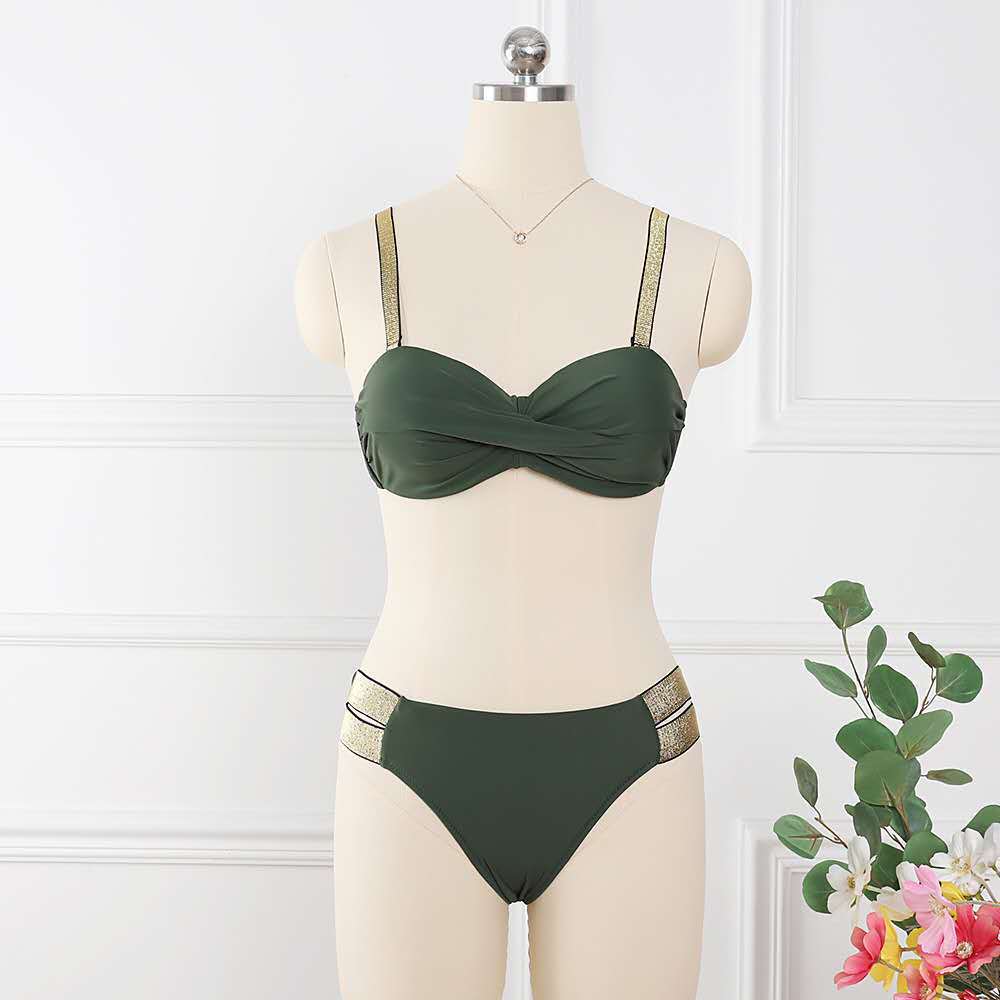 Bikini Sets Solid Color Swimsuit Sexy Mid-Waist Bandeau Gather Cup Bikinis Women Swimwear Female Bathing Suits Beach Wear - Clothing Personality