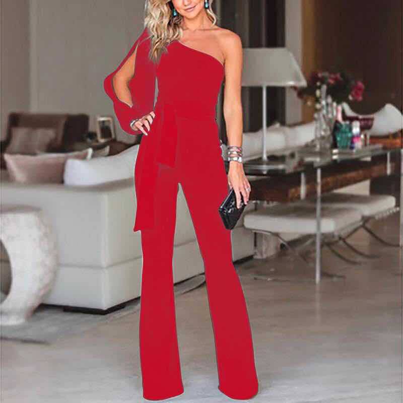 Ladies High Waist Slim One-Shoulder Jumpsuit - Clothing Personality