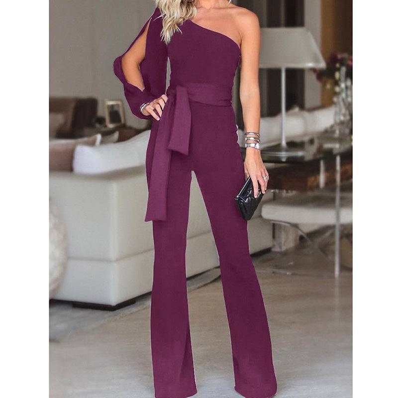 Ladies High Waist Slim One-Shoulder Jumpsuit - Clothing Personality