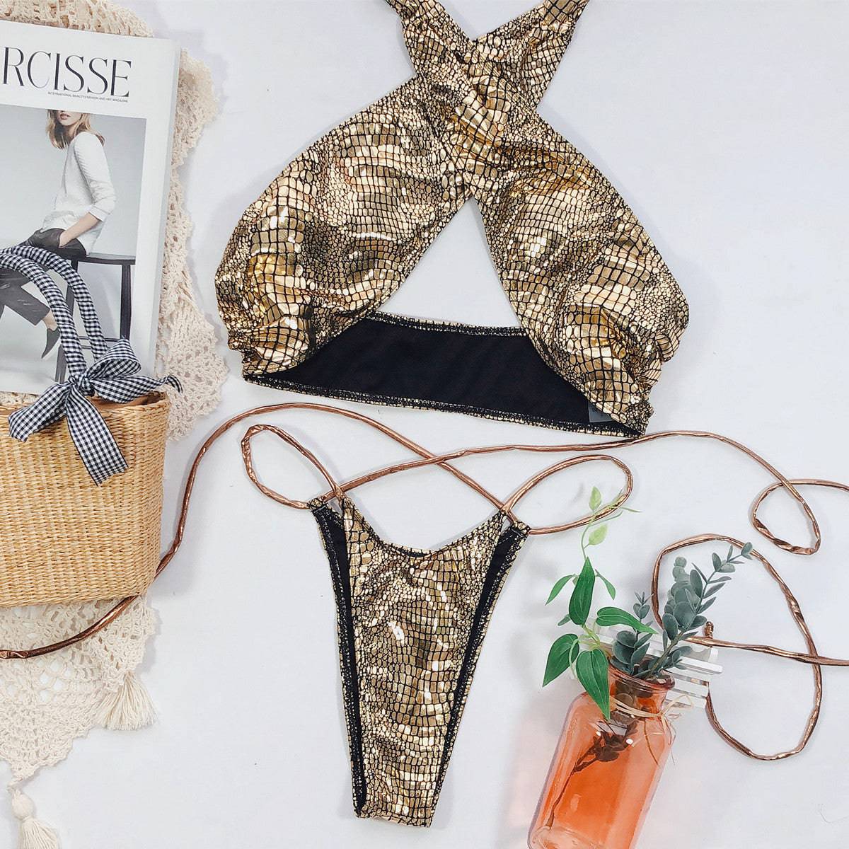 Bikini sexy bikini hot style snake print fabric strappy swimsuit - Clothing Personality